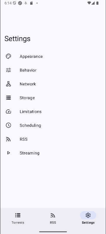 Parametres OpenTorrent sur Android